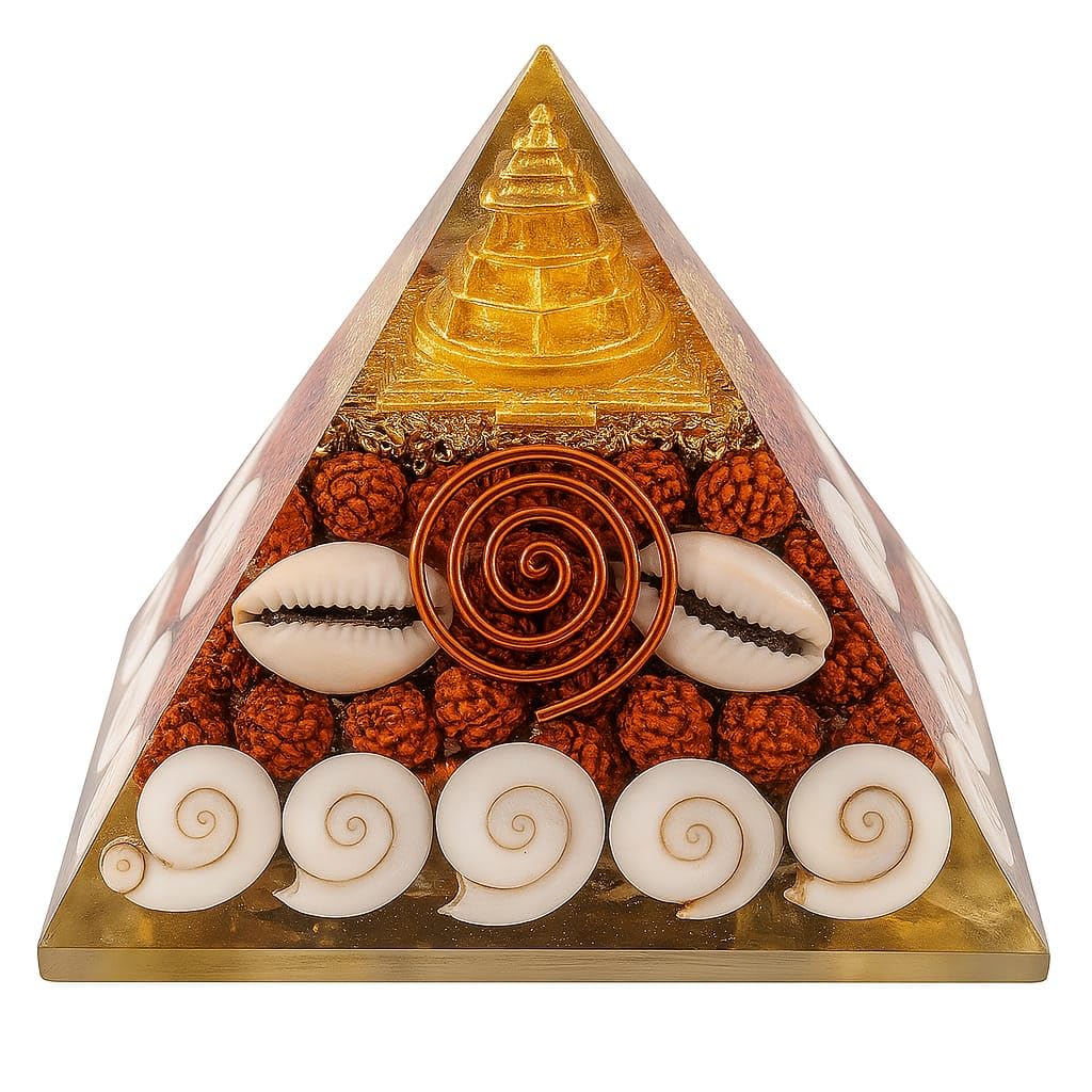 Decorative Vastu Pyramid with Shells and Rudraksha, Feng Shui Energy Generator for Business Growth, Golden Base