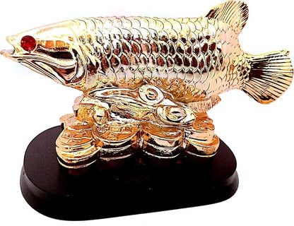 Golden Fish On Coin Pile Statue by SV Aroma